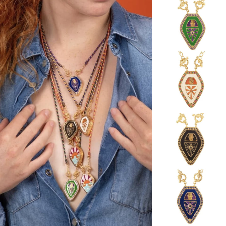 Olivenorma Collana con ciondolo tribale con mano di Hamsa e occhio malvagio, con corda intrecciata e tarocchi - image 0