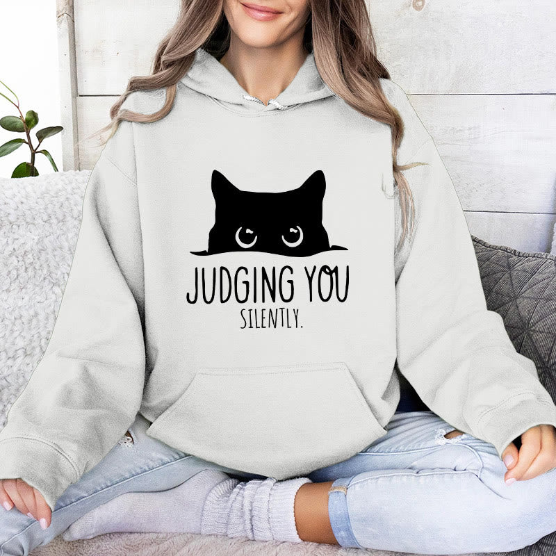 Olivenorma JUDGING YOU SILENTLY Felpe con cappuccio larghe da donna e uomo con gattino carino - Bianco - 2XL - image 4
