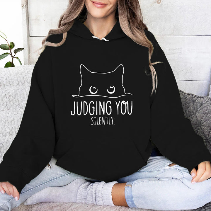 Olivenorma JUDGING YOU SILENTLY Felpe con cappuccio larghe da donna e uomo con gattino carino - Nero - 2XL - image 12