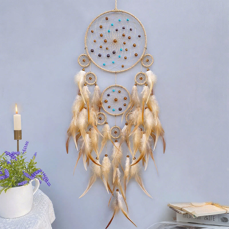 Olivenorma , acchiappasogni con decorazioni in piume fatte a mano, tribù nativa americana - Con luci - Cachi - image 3