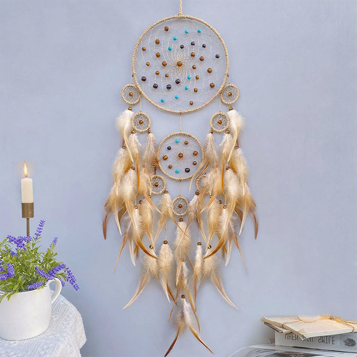 Olivenorma , acchiappasogni con decorazioni in piume fatte a mano, tribù nativa americana - Con luci - Cachi - image 3