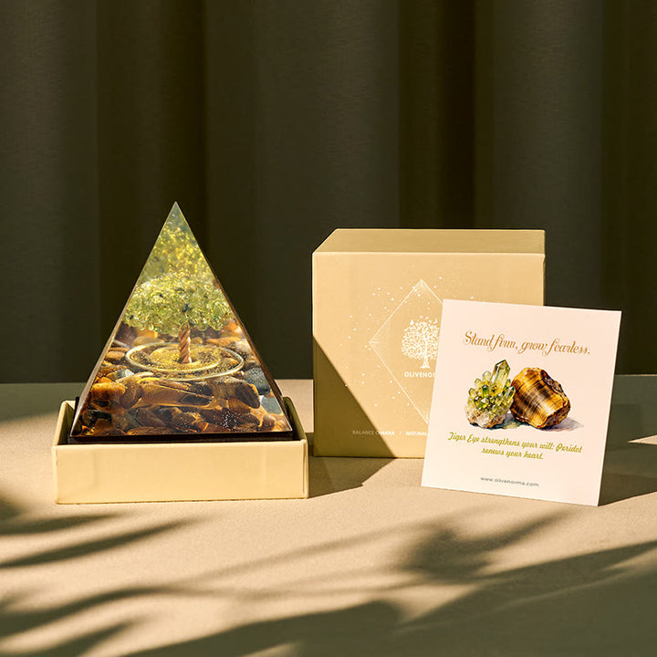 Olivenorma Radici del Coraggio Peridoto e Occhio di Tigre Albero della Vita Piramide Orgonica - 10*10 cm (con carta) - SÌ PER FAVORE $8 - image 0