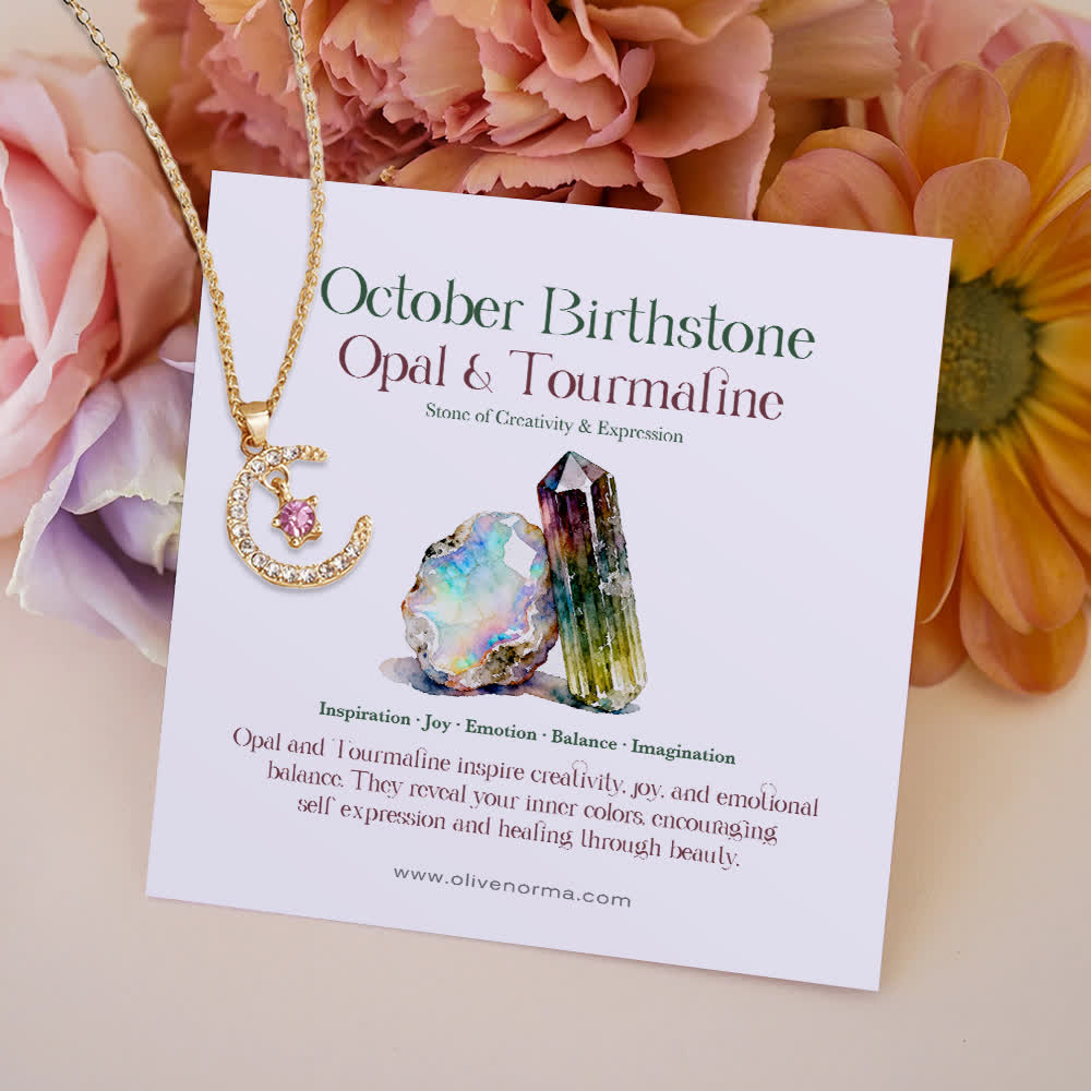 Collana regalo creativa con stella e pietra portafortuna del mese Olivenorma - Ottobre - Zircone rosa - Con carta portafortuna - image 12