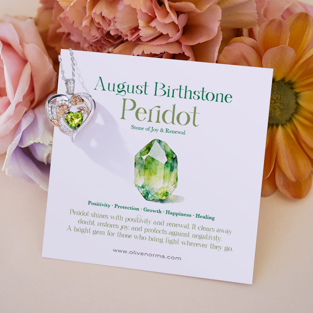 Collana con carta regalo Olivenorma Double Roses Flower Heart e pietra portafortuna - Agosto-Peridoto - Con carta portafortuna - image 14