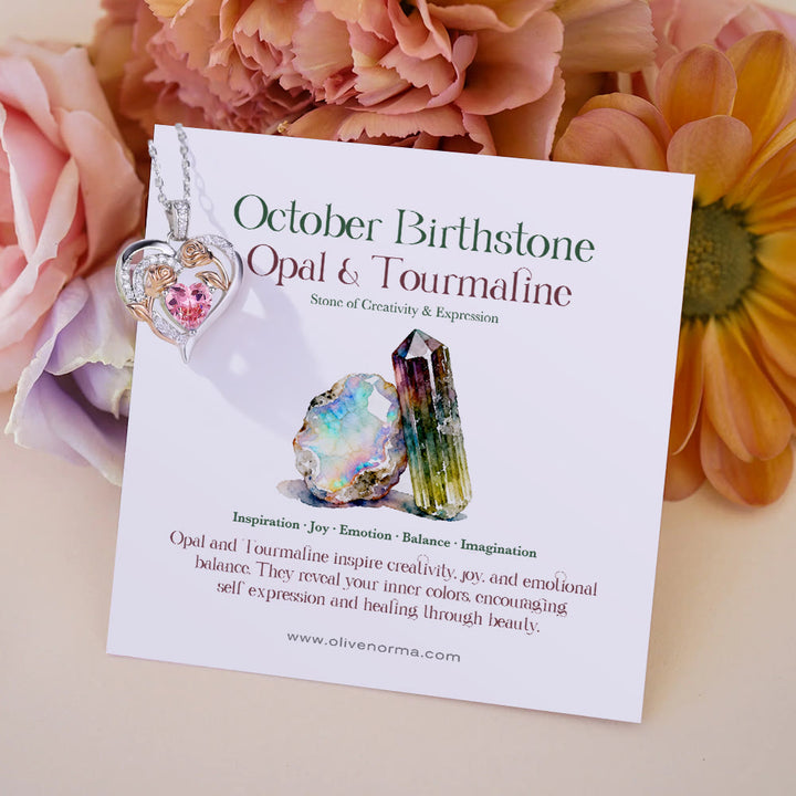 Collana con carta regalo Olivenorma Double Roses Flower Heart e pietra portafortuna - Ottobre - Opale e Tormalina - Con carta portafortuna - image 21