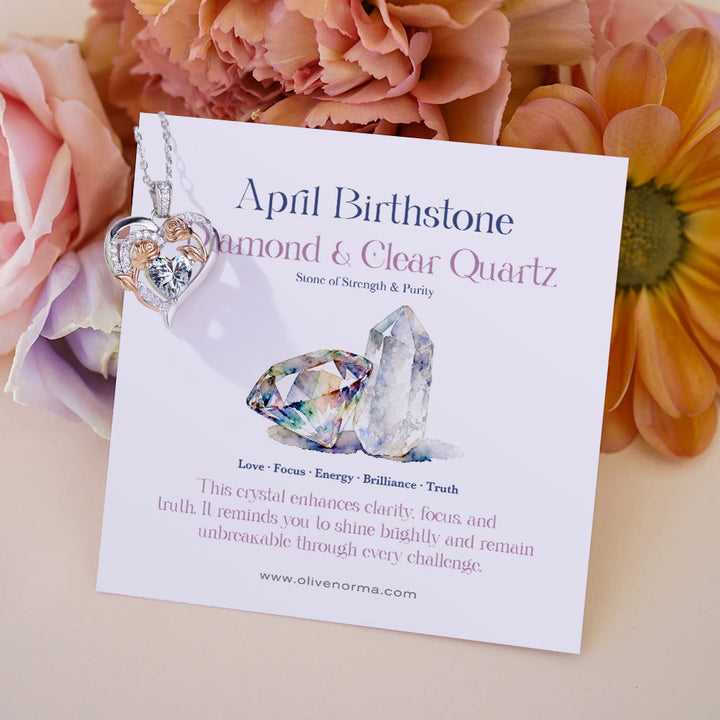 Collana con carta regalo Olivenorma Double Roses Flower Heart e pietra portafortuna - Aprile - Diamante e Quarzo Ialino - Con carta portafortuna - image 3