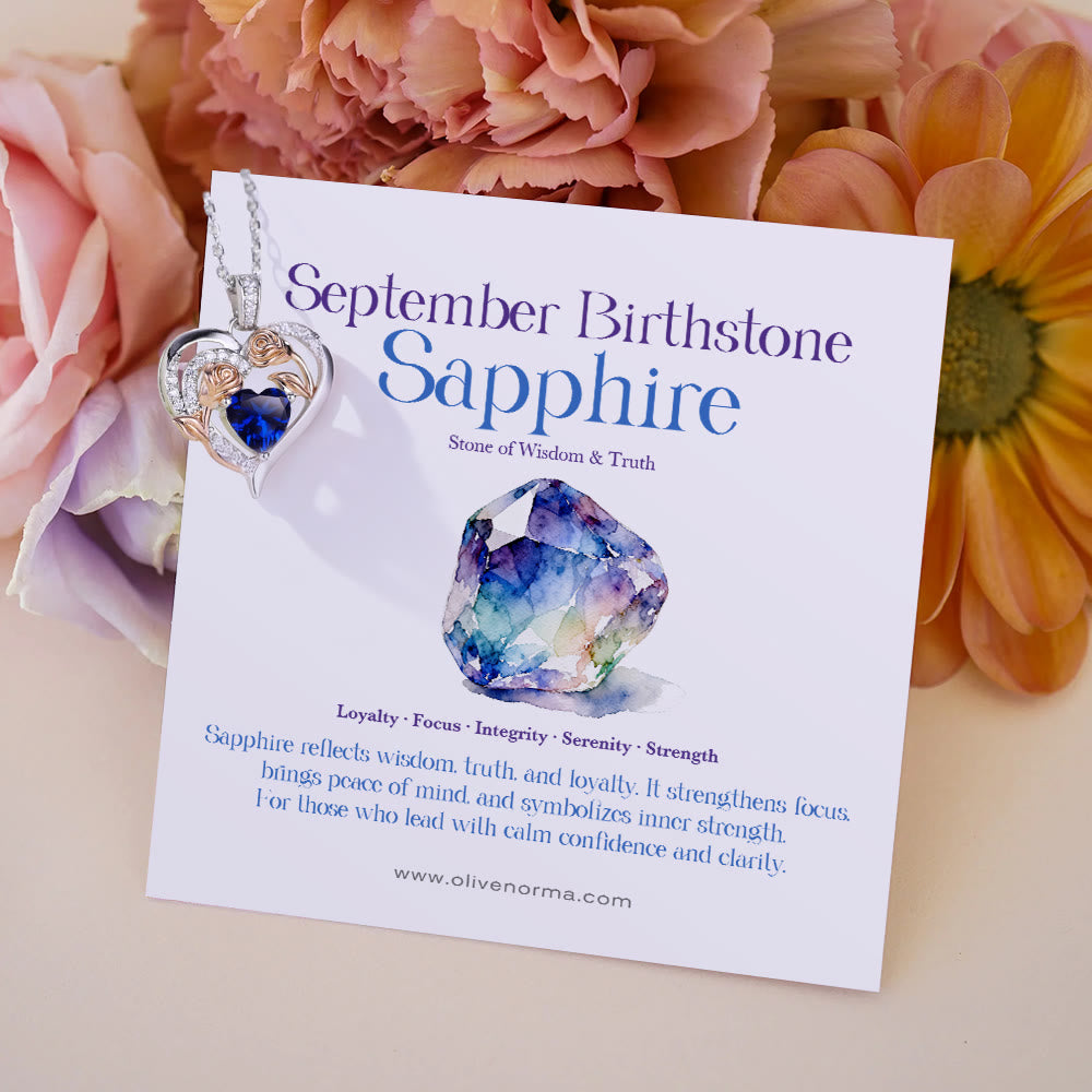 Collana con carta regalo Olivenorma Double Roses Flower Heart e pietra portafortuna - Settembre-Zaffiro - Con carta portafortuna - image 19
