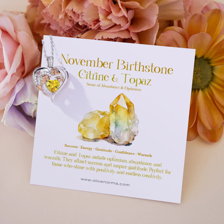 Collana con carta regalo Olivenorma Double Roses Flower Heart e pietra portafortuna - Novembre - Citrino e Topazio - Con carta portafortuna - image 23