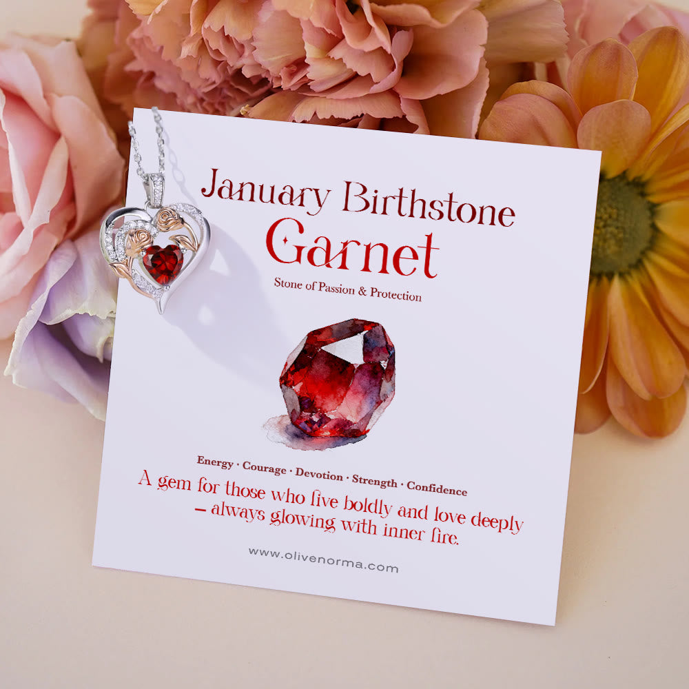 Collana con carta regalo Olivenorma Double Roses Flower Heart e pietra portafortuna - Gennaio-Granato - Con carta portafortuna - image 5