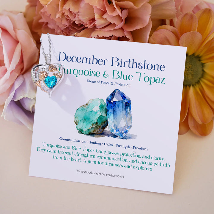 Collana con carta regalo Olivenorma Double Roses Flower Heart e pietra portafortuna - Dicembre - Turchese e topazio blu - Con carta portafortuna - image 25