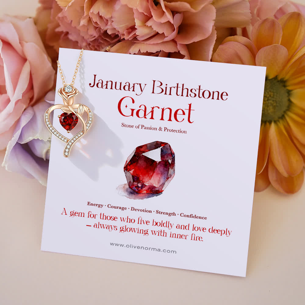 Collana con carta regalo Olivenorma Rose Flower Love Heart e pietra portafortuna - Gennaio-Granato - Con carta portafortuna - image 6