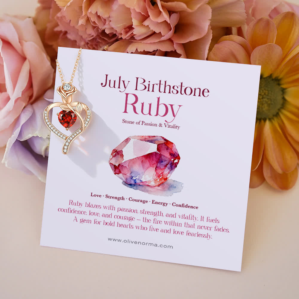 Collana con carta regalo Olivenorma Rose Flower Love Heart e pietra portafortuna - Luglio-Rubino - Con carta portafortuna - image 3