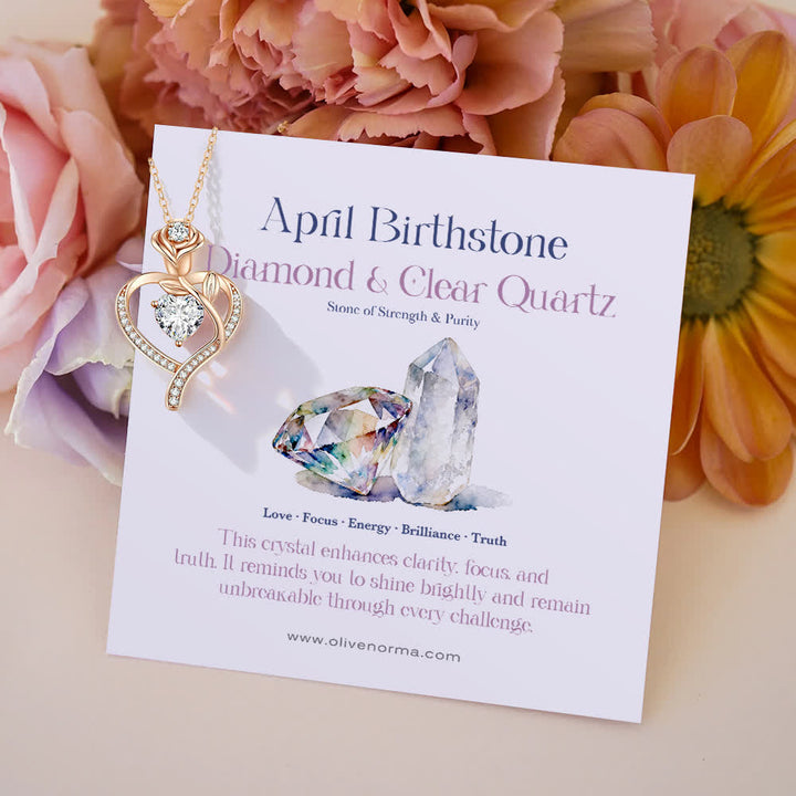 Collana con carta regalo Olivenorma Rose Flower Love Heart e pietra portafortuna - Aprile - Diamante e Quarzo Ialino - Con carta portafortuna - image 12