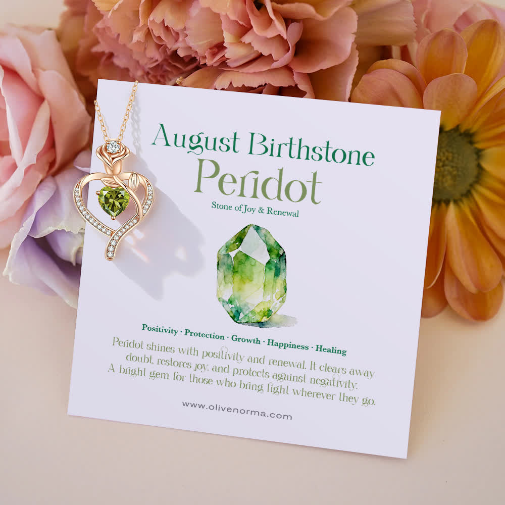 Collana con carta regalo Olivenorma Rose Flower Love Heart e pietra portafortuna - Agosto-Peridoto - Con carta portafortuna - image 18