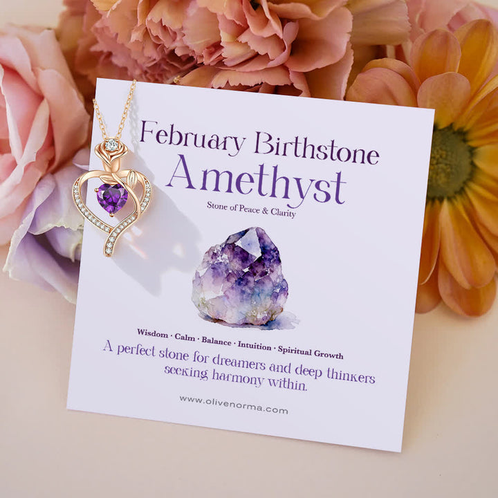 Collana con carta regalo Olivenorma Rose Flower Love Heart e pietra portafortuna - Febbraio-Ametista - Con carta portafortuna - image 8