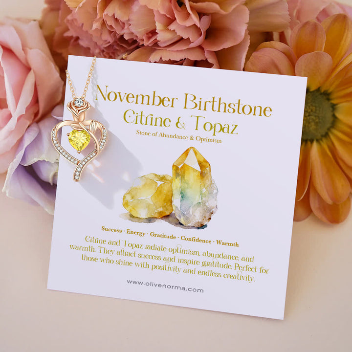Collana con carta regalo Olivenorma Rose Flower Love Heart e pietra portafortuna - Novembre - Citrino e Topazio - Con carta portafortuna - image 24