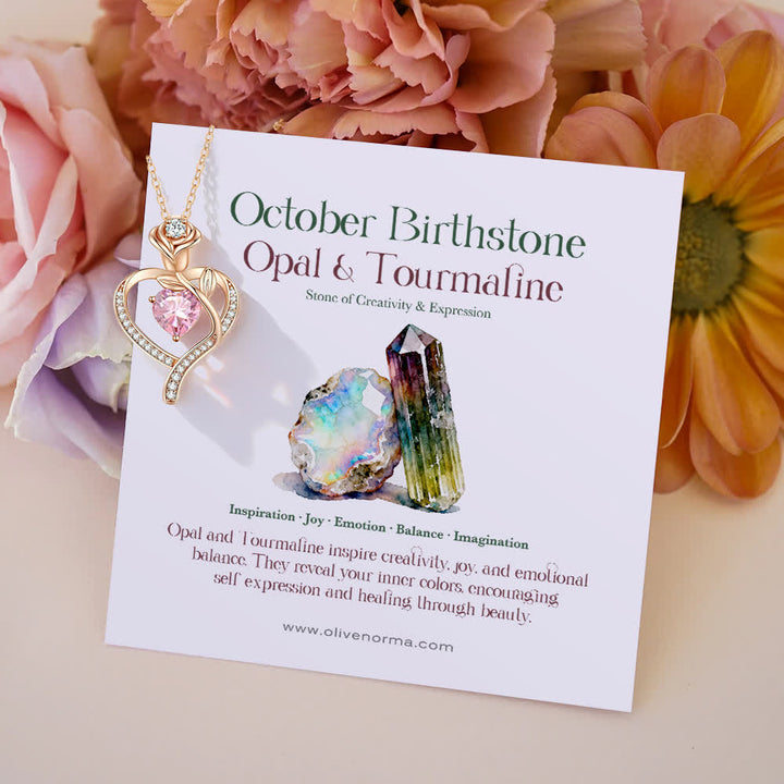 Collana con carta regalo Olivenorma Rose Flower Love Heart e pietra portafortuna - Ottobre - Opale e Tormalina - Con carta portafortuna - image 22