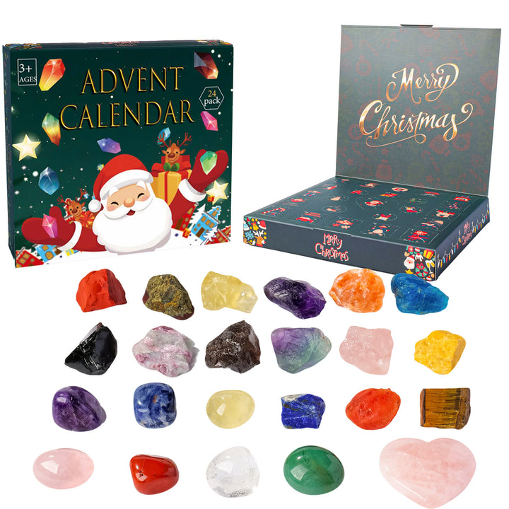 Calendario dell'Avvento Olivenorma 2026 con scatola misteriosa in resina verde e cristalli - Pietra grezza + pietra levigata + cristallo a forma di cuore - image 4