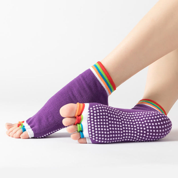 Calzini antiscivolo Olivenorma senza punta per Pilates – Calzini colorati a cinque dita per yoga e barre alla caviglia da donna con suola antiscivolo in PVC, calzini traspiranti in cotone per allenamento. - Colore: punta del piede e viola scuro - 10 paia - image 15