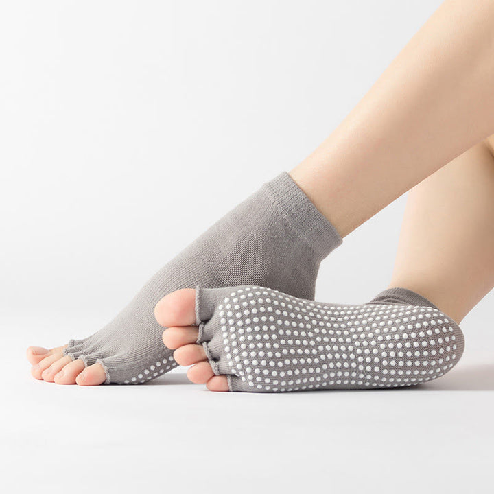 Calzini antiscivolo Olivenorma senza punta per Pilates – Calzini colorati a cinque dita per yoga e barre alla caviglia da donna con suola antiscivolo in PVC, calzini traspiranti in cotone per allenamento. - Colore tinta unita e grigio chiaro - 10 paia - image 4