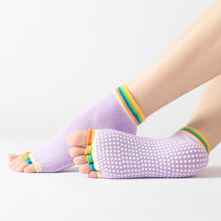 Calzini antiscivolo Olivenorma senza punta per Pilates – Calzini colorati a cinque dita per yoga e barre alla caviglia da donna con suola antiscivolo in PVC, calzini traspiranti in cotone per allenamento. - Colore: Punta del piede e viola chiaro - 10 paia - image 17
