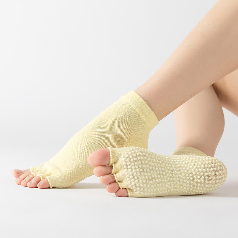 Calzini antiscivolo Olivenorma senza punta per Pilates – Calzini colorati a cinque dita per yoga e barre alla caviglia da donna con suola antiscivolo in PVC, calzini traspiranti in cotone per allenamento. - Colore tinta unita e giallo chiaro - 10 paia - image 9