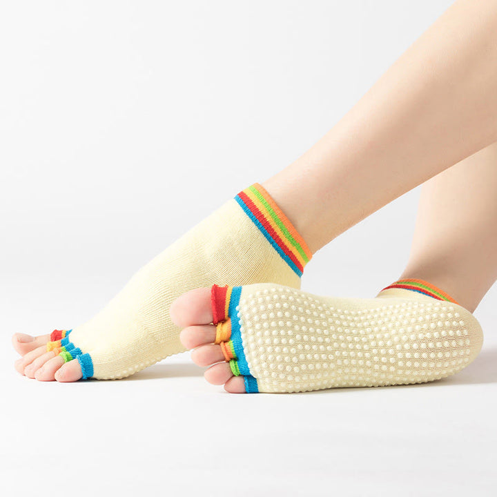 Calzini antiscivolo Olivenorma senza punta per Pilates – Calzini colorati a cinque dita per yoga e barre alla caviglia da donna con suola antiscivolo in PVC, calzini traspiranti in cotone per allenamento. - Colore: Punta del piede e giallo chiaro - 10 paia - image 21