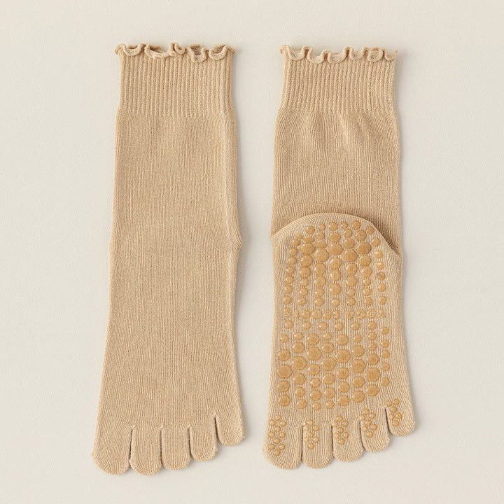 Calze da pilates/barre Olivenorma a cinque dita, traspiranti e antiscivolo, con separazione delle dita, elegante design in pizzo e suola antiscivolo, ideali per donna. - Cachi - 10 paia - image 4