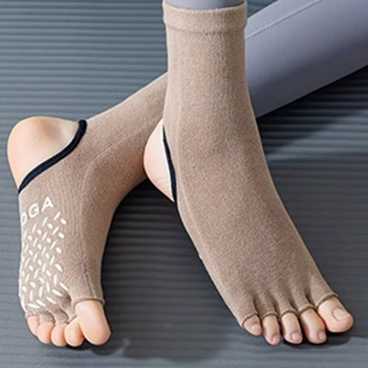 Calze da Pilates Barre antiscivolo da donna Olivenorma con separazione delle dita traspirante e design stabile per allenamento in studio, calze yoga a cinque dita aperte - Cachi - 10 paia - image 6