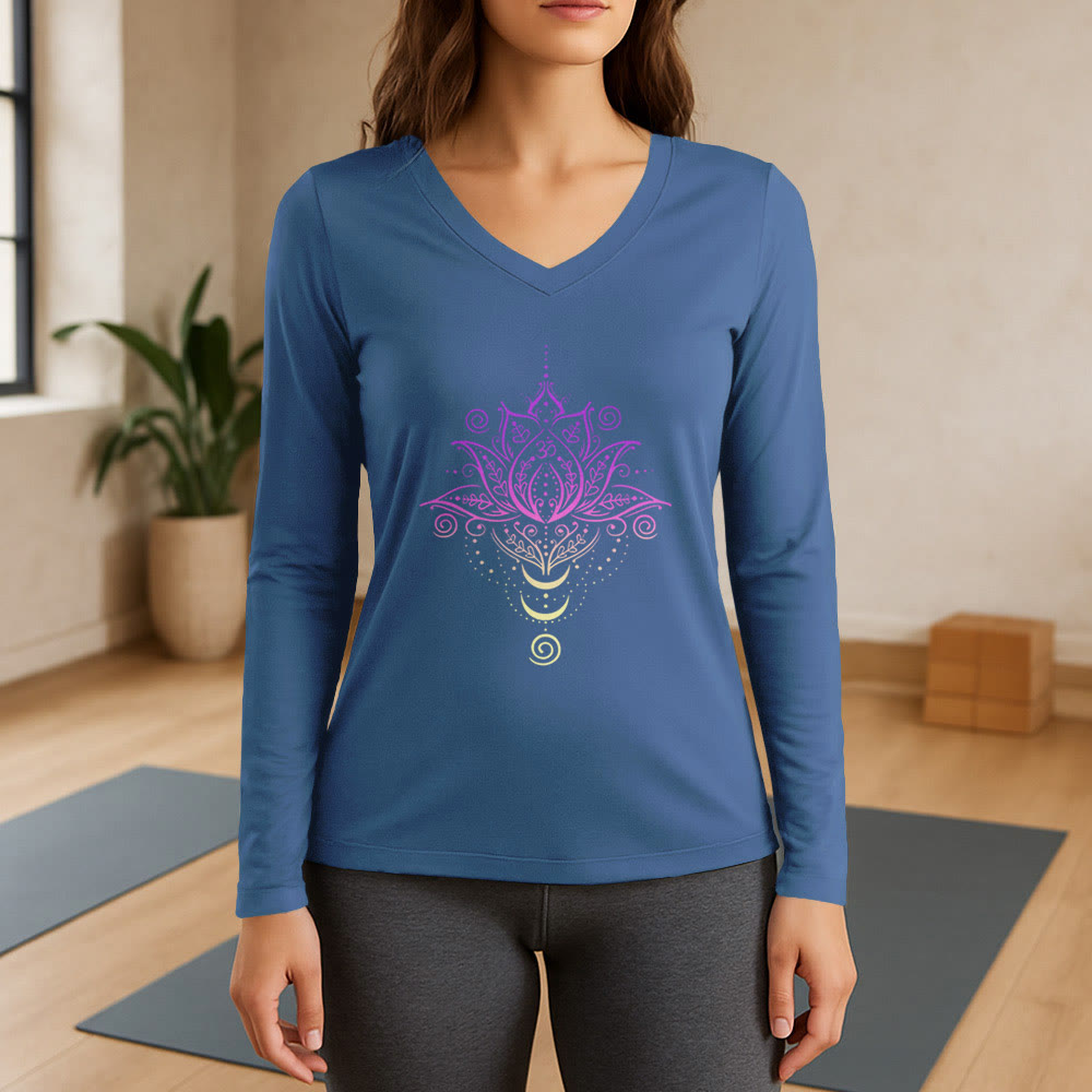 Olivenorma OM Lotus Flower T-shirt a maniche lunghe con scollo a V - Blu - 3XL - image 12