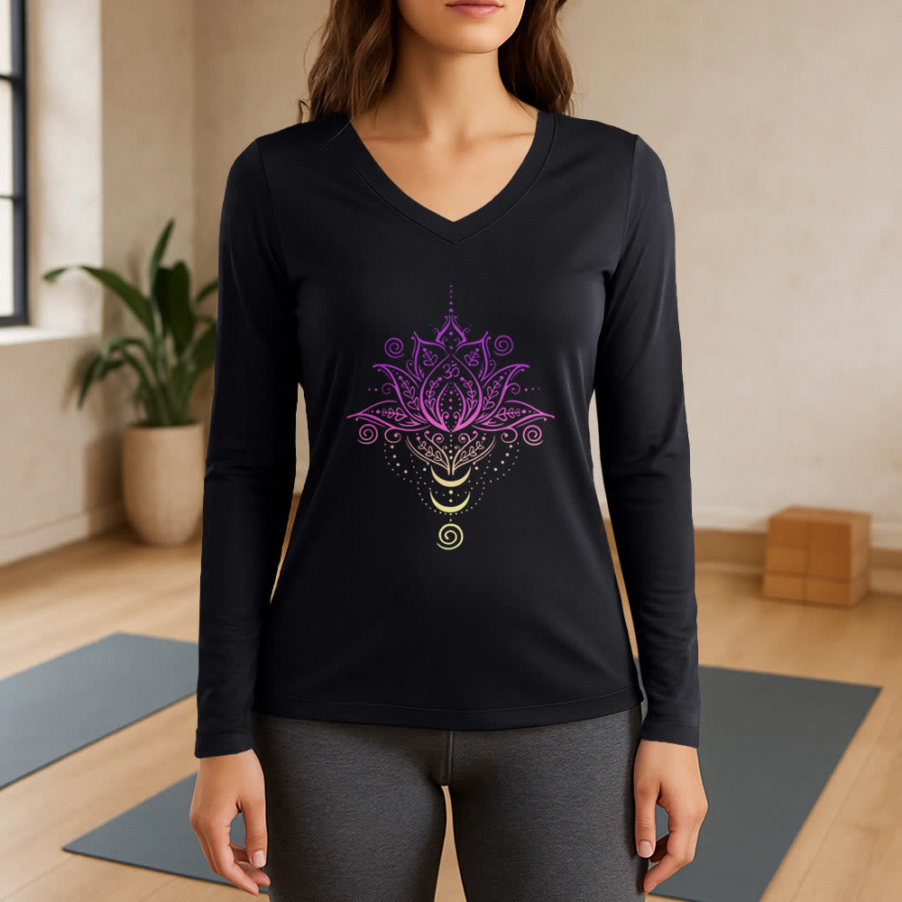 Olivenorma OM Lotus Flower T-shirt a maniche lunghe con scollo a V - Nero - 3XL - image 0