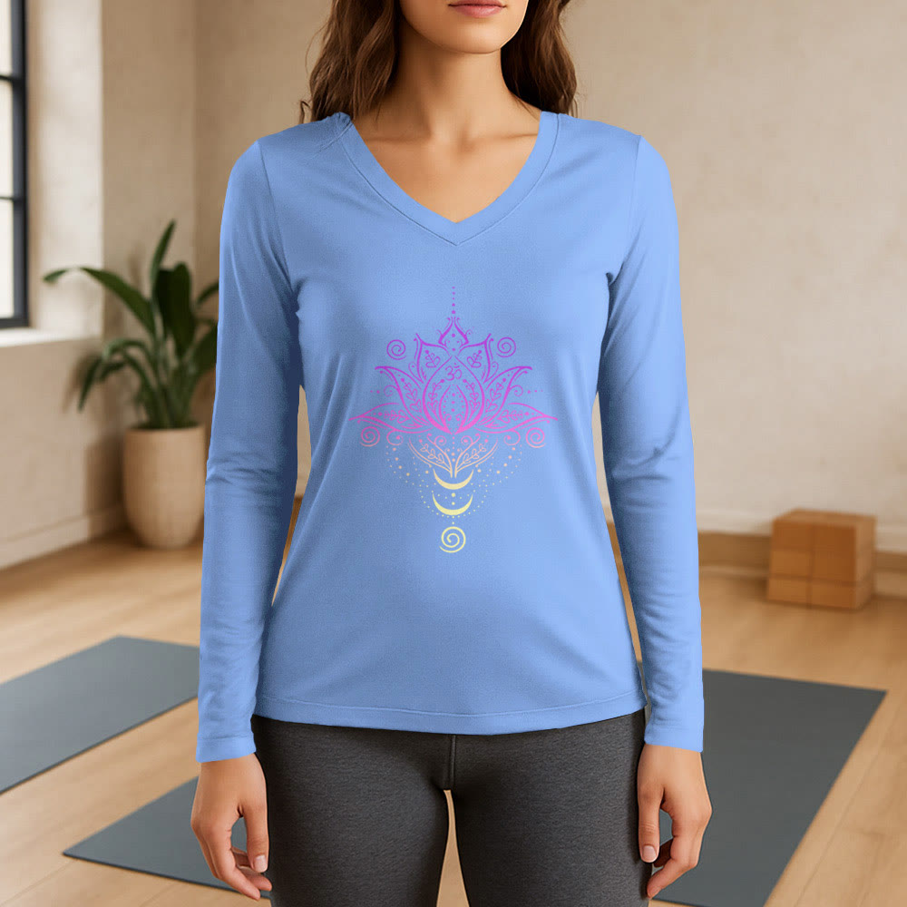 Olivenorma OM Lotus Flower T-shirt a maniche lunghe con scollo a V - Azzurro chiaro - 3XL - image 10