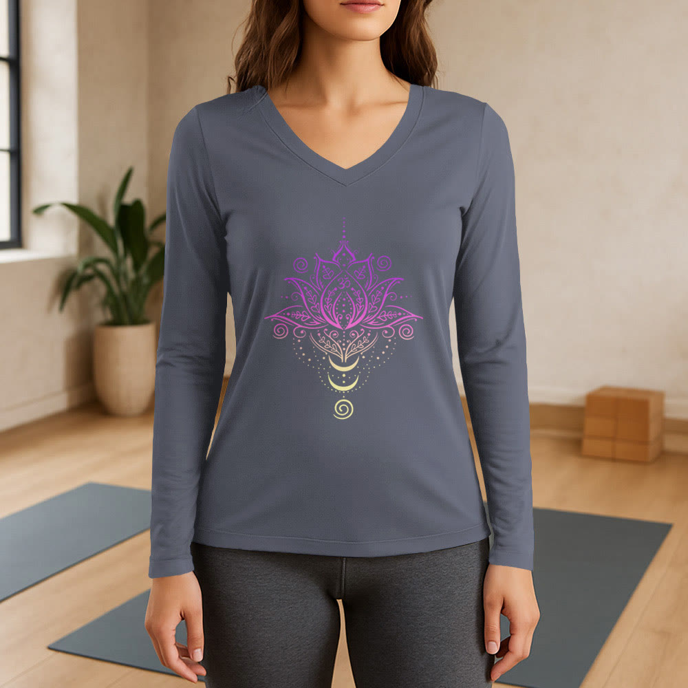 Olivenorma OM Lotus Flower T-shirt a maniche lunghe con scollo a V - Grigio - 3XL - image 16
