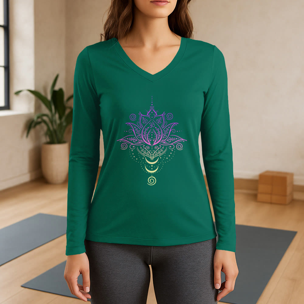 Olivenorma OM Lotus Flower T-shirt a maniche lunghe con scollo a V - Verde - 3XL - image 11