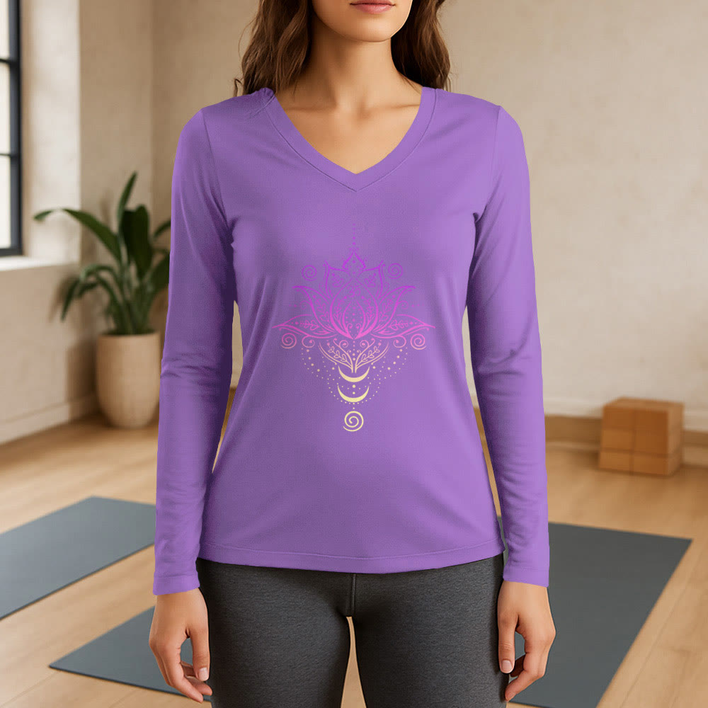Olivenorma OM Lotus Flower T-shirt a maniche lunghe con scollo a V - Viola - 3XL - image 14