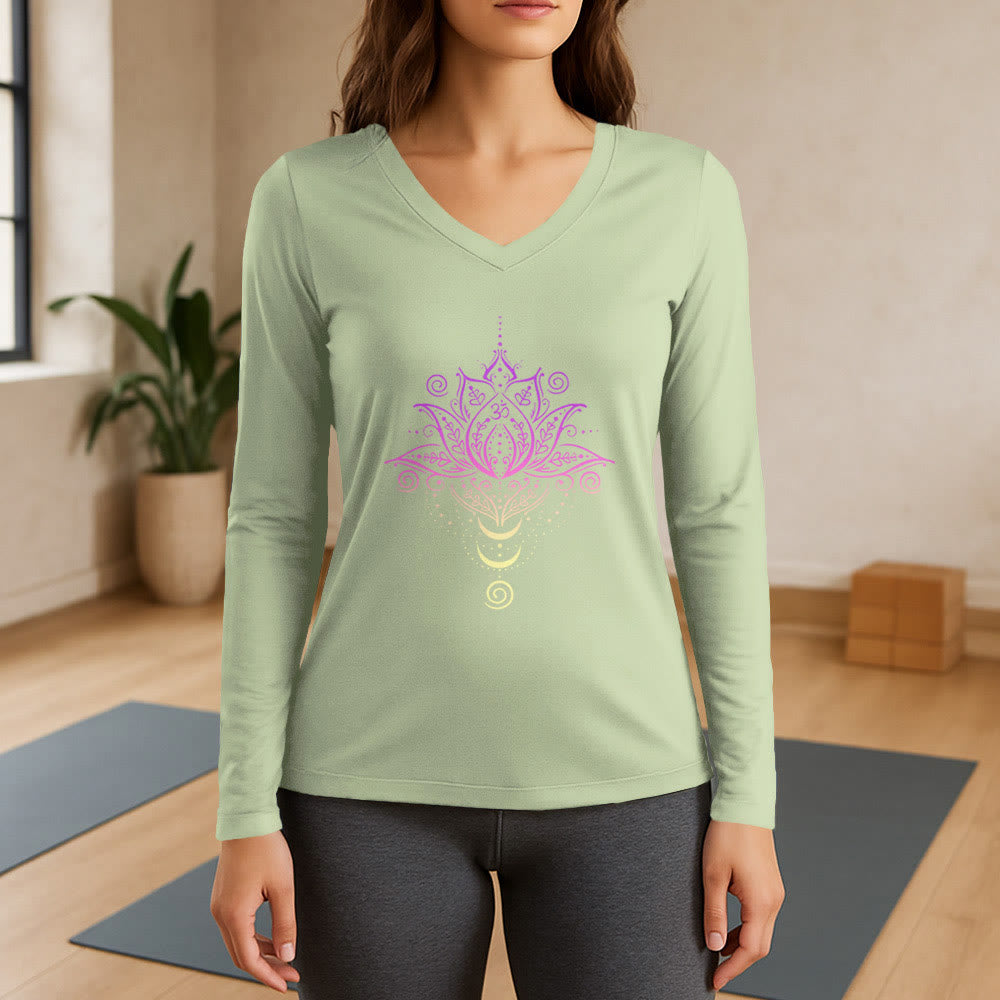 Olivenorma OM Lotus Flower T-shirt a maniche lunghe con scollo a V - Verde chiaro - 3XL - image 9
