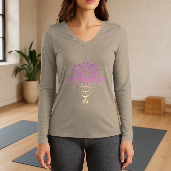 Olivenorma OM Lotus Flower T-shirt a maniche lunghe con scollo a V - Cachi - 3XL - image 17