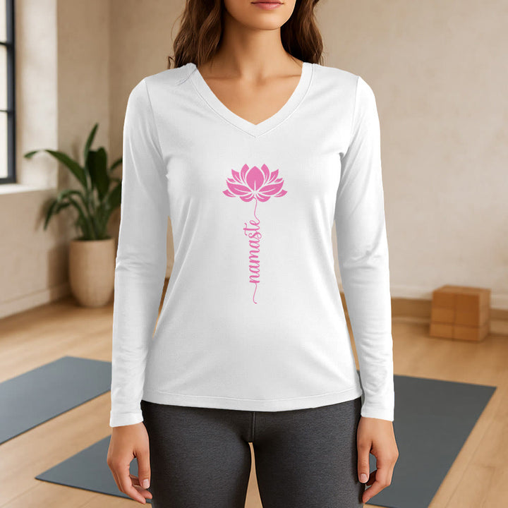 T-shirt con scollo a V a maniche lunghe Olivenorma Namaste Lotus Yoga - Bianco - 3XL - image 0
