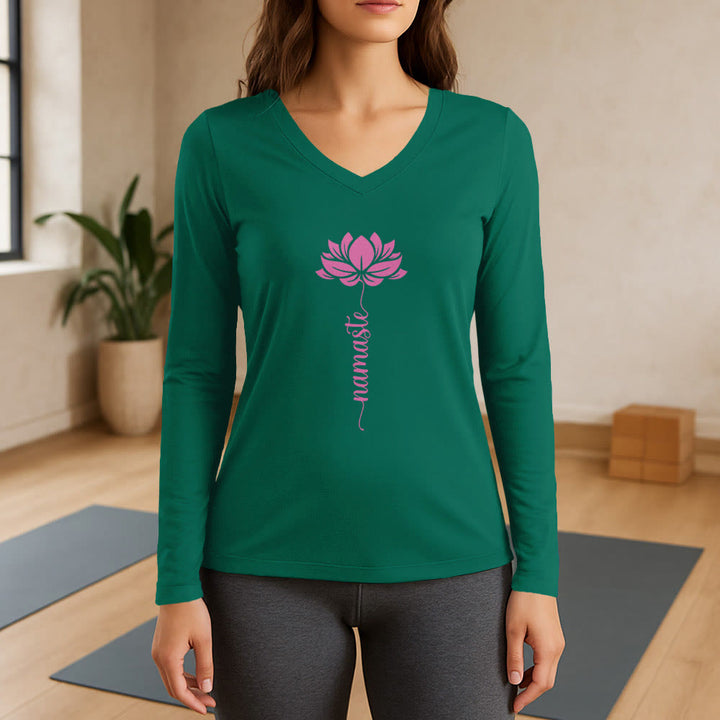 T-shirt con scollo a V a maniche lunghe Olivenorma Namaste Lotus Yoga - Verde - 3XL - image 11