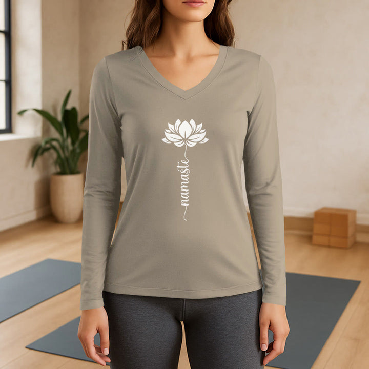 T-shirt con scollo a V a maniche lunghe Olivenorma Namaste Lotus Yoga - Cachi - 3XL - image 17