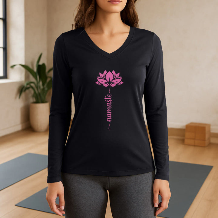 T-shirt con scollo a V a maniche lunghe Olivenorma Namaste Lotus Yoga - Nero - 3XL - image 7