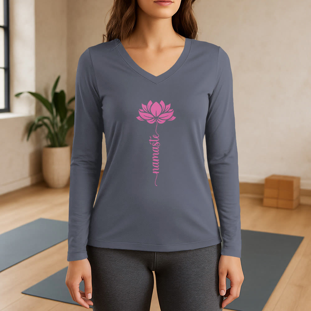 T-shirt con scollo a V a maniche lunghe Olivenorma Namaste Lotus Yoga - Grigio - 3XL - image 16