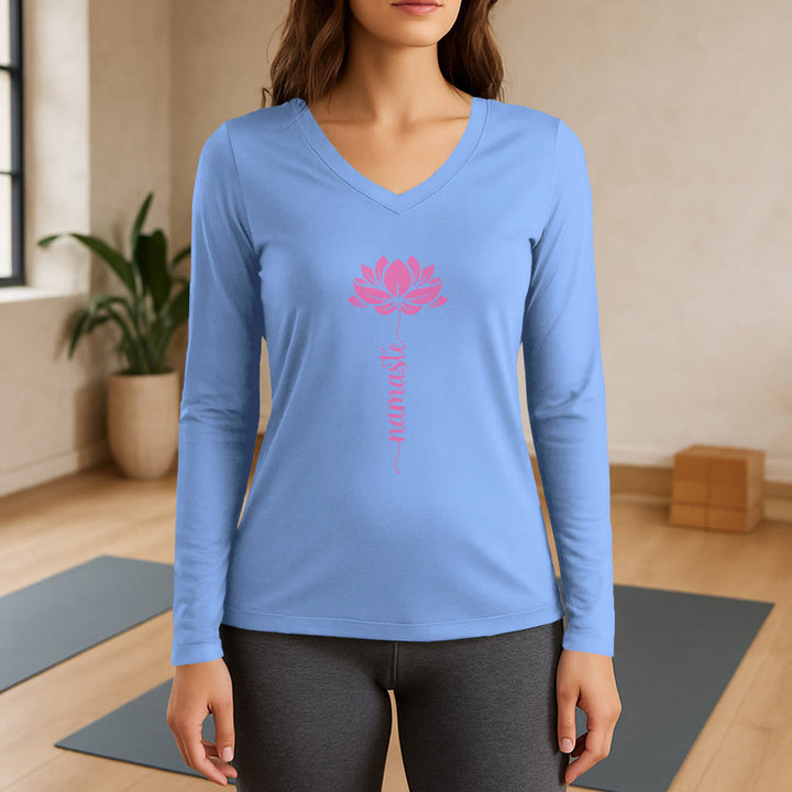 T-shirt con scollo a V a maniche lunghe Olivenorma Namaste Lotus Yoga - Azzurro chiaro - 3XL - image 10