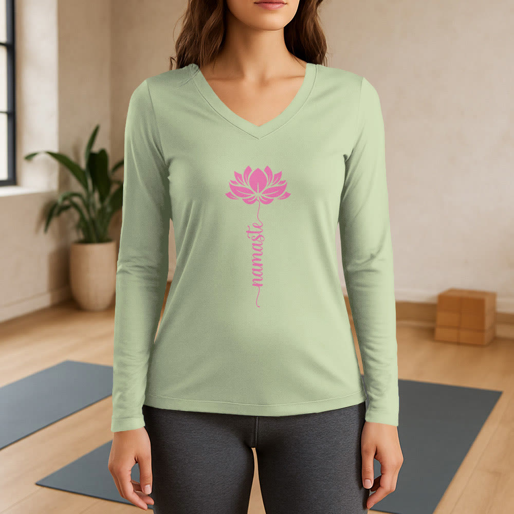 T-shirt con scollo a V a maniche lunghe Olivenorma Namaste Lotus Yoga - Verde chiaro - 3XL - image 9