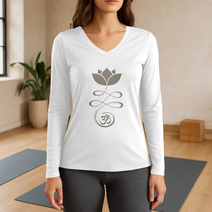 Olivenorma Yoga Lotus Flower Om Symbol T-shirt a maniche lunghe con scollo a V - Bianco - 3XL - image 7