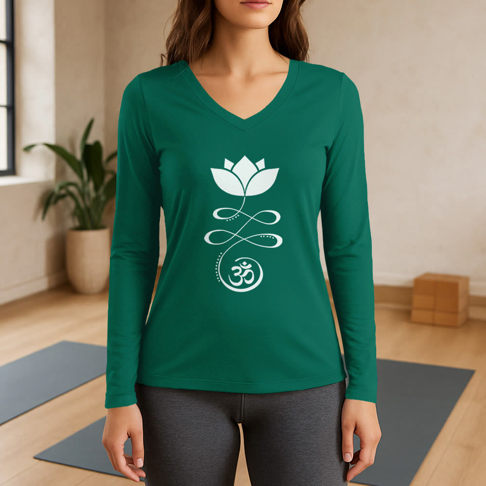 Olivenorma Yoga Lotus Flower Om Symbol T-shirt a maniche lunghe con scollo a V - Verde - 3XL - image 12