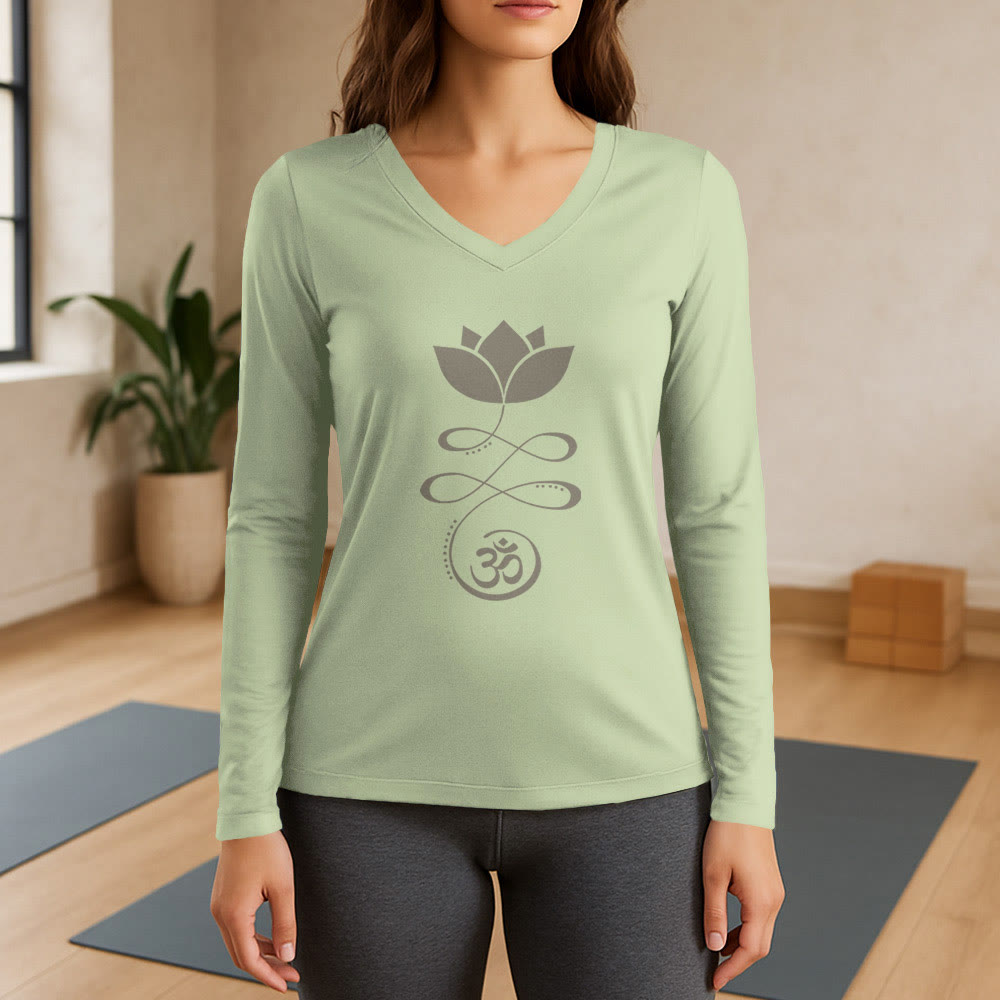 Olivenorma Yoga Lotus Flower Om Symbol T-shirt a maniche lunghe con scollo a V - Verde chiaro - 3XL - image 10