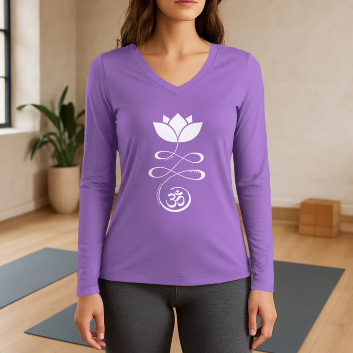 Olivenorma Yoga Lotus Flower Om Symbol T-shirt a maniche lunghe con scollo a V - Viola - 3XL - image 14