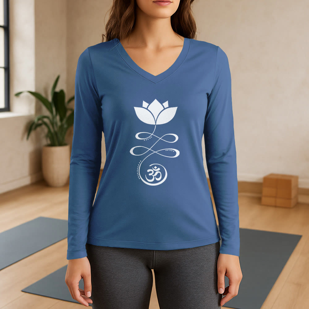 Olivenorma Yoga Lotus Flower Om Symbol T-shirt a maniche lunghe con scollo a V - Blu - 3XL - image 0