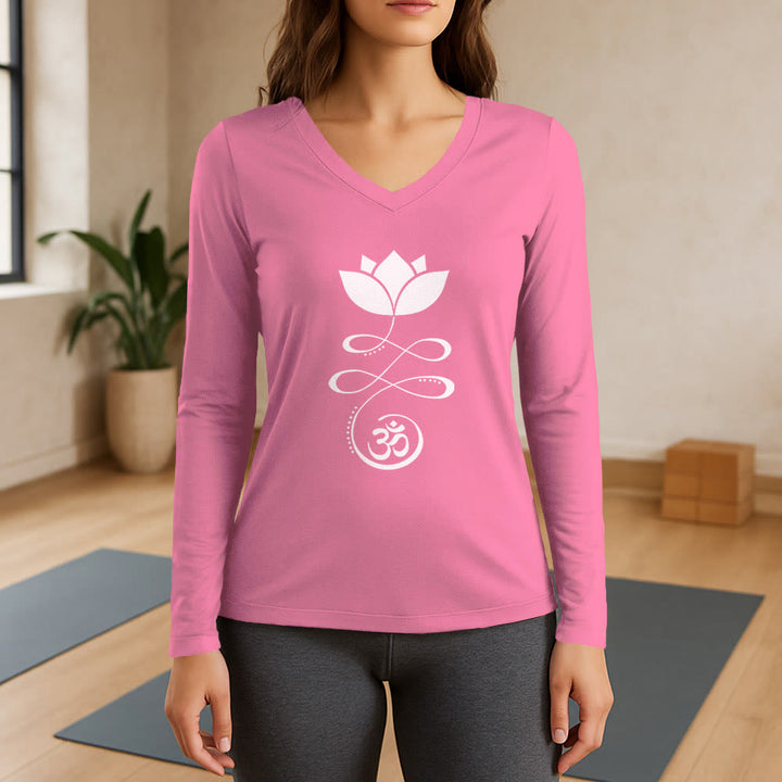 Olivenorma Yoga Lotus Flower Om Symbol T-shirt a maniche lunghe con scollo a V - Rosa - 3XL - image 13